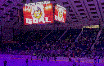 The board lights up for the first Macon Mayhem goal of the season.