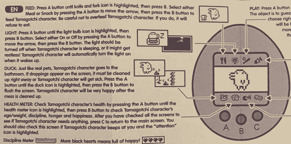 The instruction booklet for a Tamagotchi.