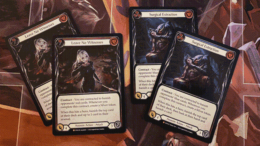 My new Flesh & Blood Assassin cards, Leave No Witnesses and Surgical Extraction.