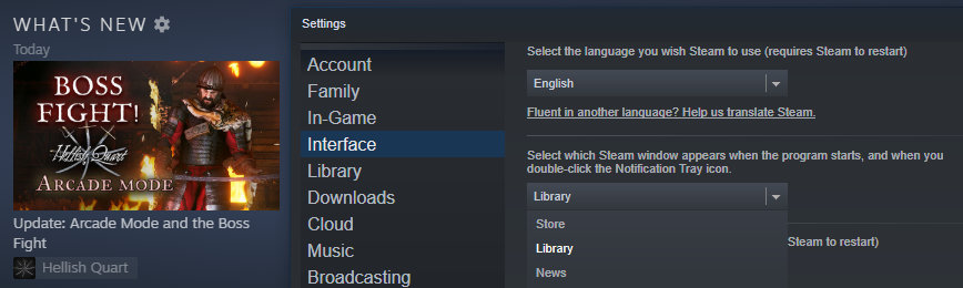 the option to start Steam in the library.